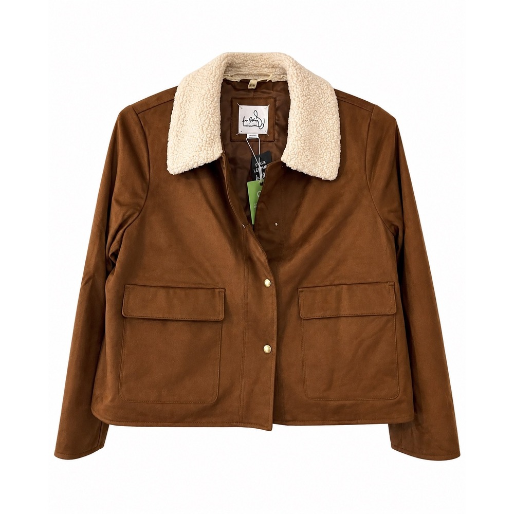 Sam Edelman Cypris Tan Faux Leather Jacket Berber Collar Snap Front 93497 XL NEW